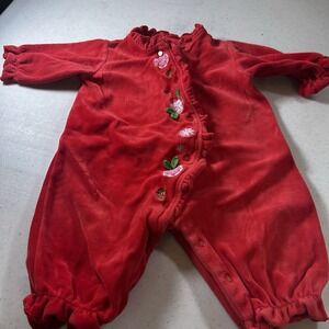 Vintage Okie Dokie Girl's Size 3-6 Months Red Velour Jumpsuit W/ Flowers